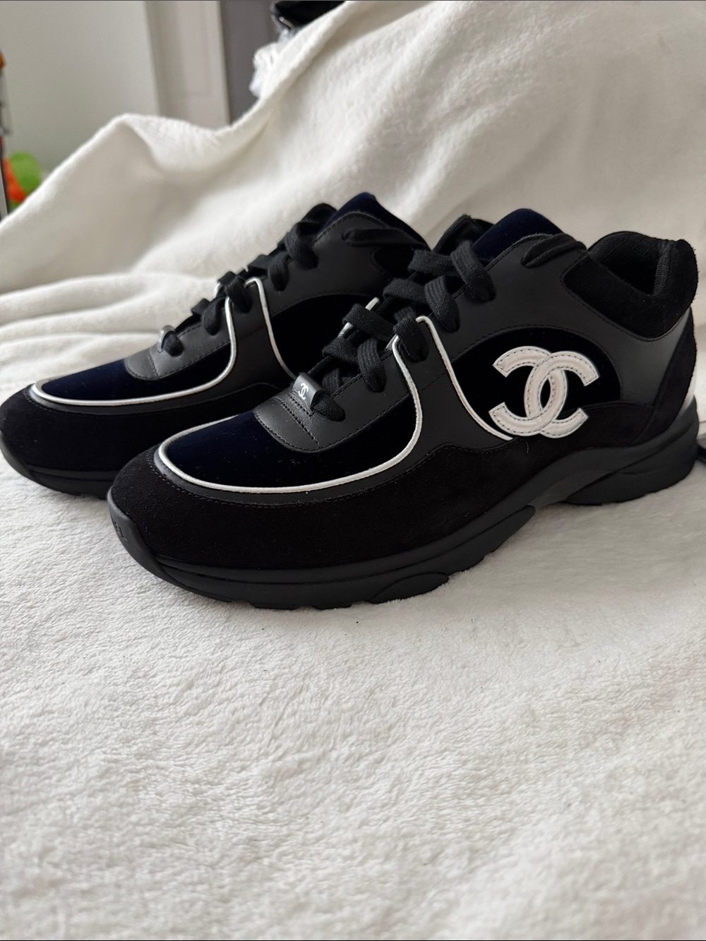 CHANEL Black Men's Low Top Athletic Sneakers Lace Up Logo Casual Walking Shoes - Picture 2 of 4
